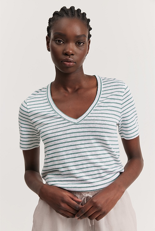 Soft Sage Stripe Linen Jersey T-Shirt - T-Shirts & Tops | Country Road