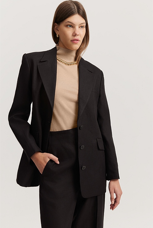 Black Organically Grown Linen Yarn Dyed Blazer Jackets & Coats Country Road