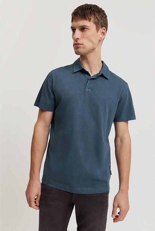 Dark Blue Garment Dyed Organically Grown Cotton Polo - T-Shirts ...