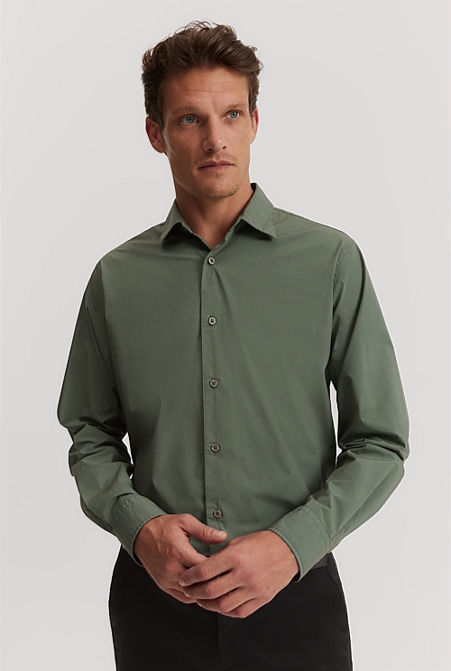 Khaki Green Regular Fit Garment Dyed Poplin Shirt - Casual Shirts ...