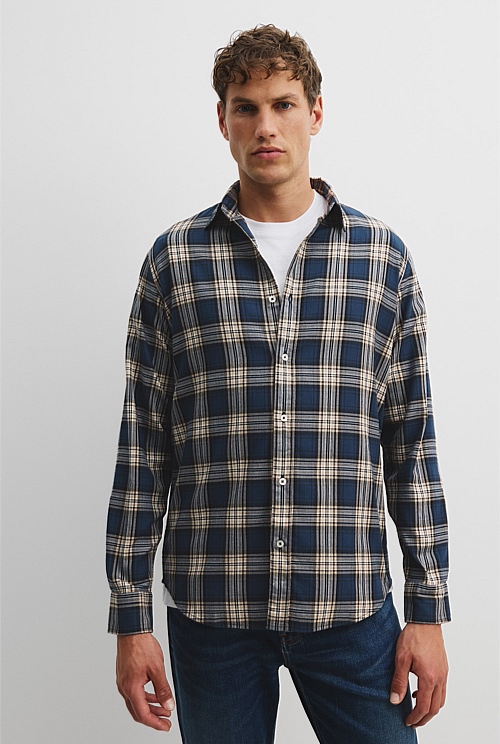 Navy Regular Fit Australian Good Earth Cotton Flannel Check Shirt ...