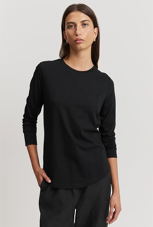 Black Australian Cotton Long Sleeve Slub T-Shirt - Natural Fibres ...