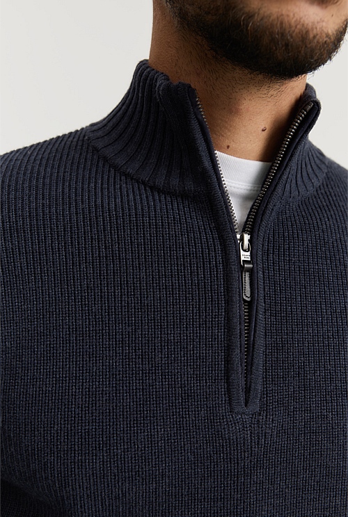 Midnight Blue Australian Lambswool Half Zip Knit - Natural Fibres ...