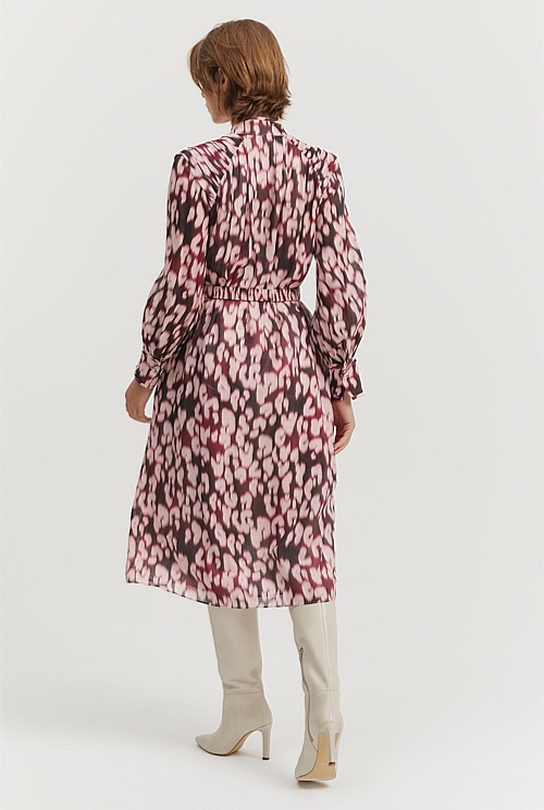 Ocelot Print Print Gathered Midi Dress - Natural Fibres | Country Road