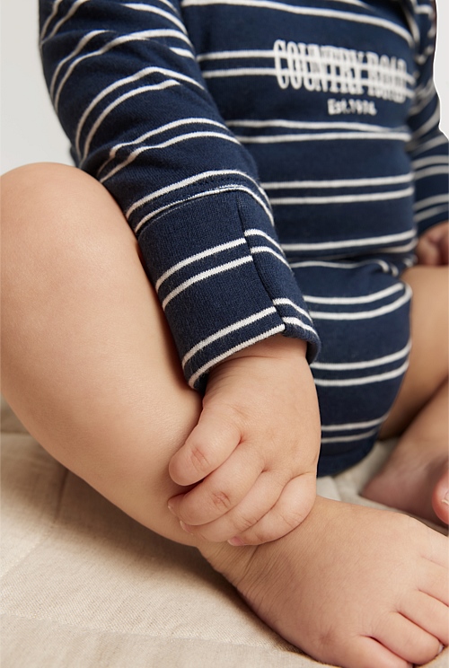 Navy Stripe Organically Grown Cotton Heritage Long Sleeve Bodysuit Jumpsuits & Bodysuits