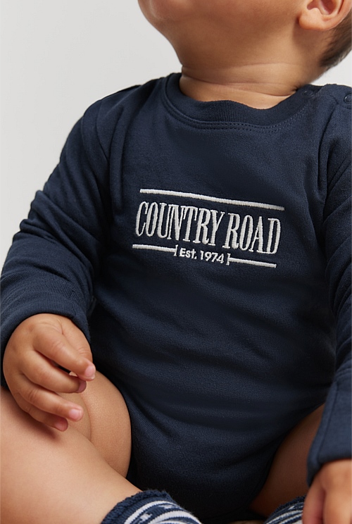 Navy Organically Grown Cotton Heritage Long Sleeve Bodysuit Jumpsuits & Bodysuits Country Road