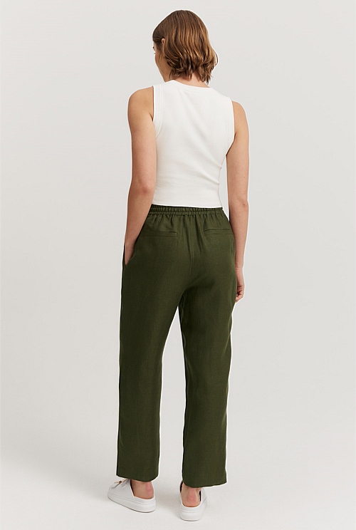 Olive Linen Relaxed Fit Trousers