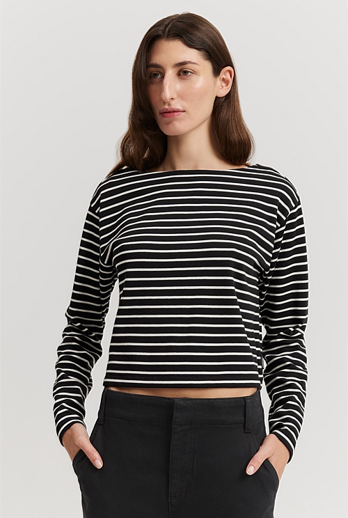 Black Stripe Australian Cotton Stripe Long Sleeve Boat Neck T-Shirt ...