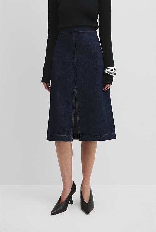 Indigo Rinse Denim Split Front Skirt - Natural Fibres | Country Road