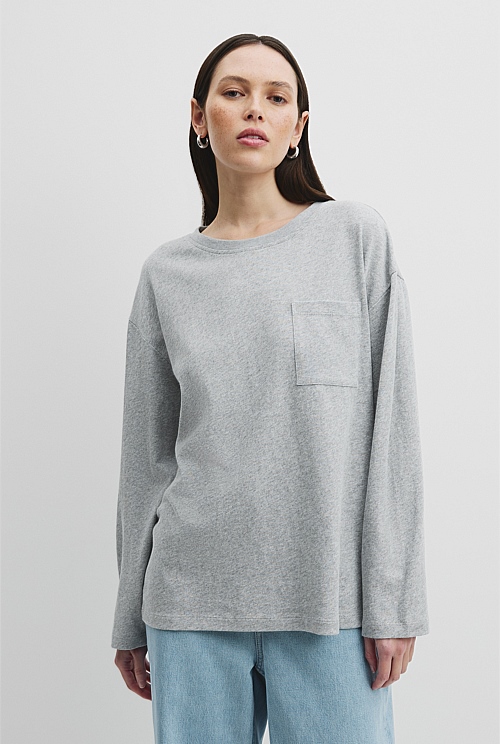 Grey Marle Australian Cotton Long Sleeve Relaxed T-Shirt - Natural ...